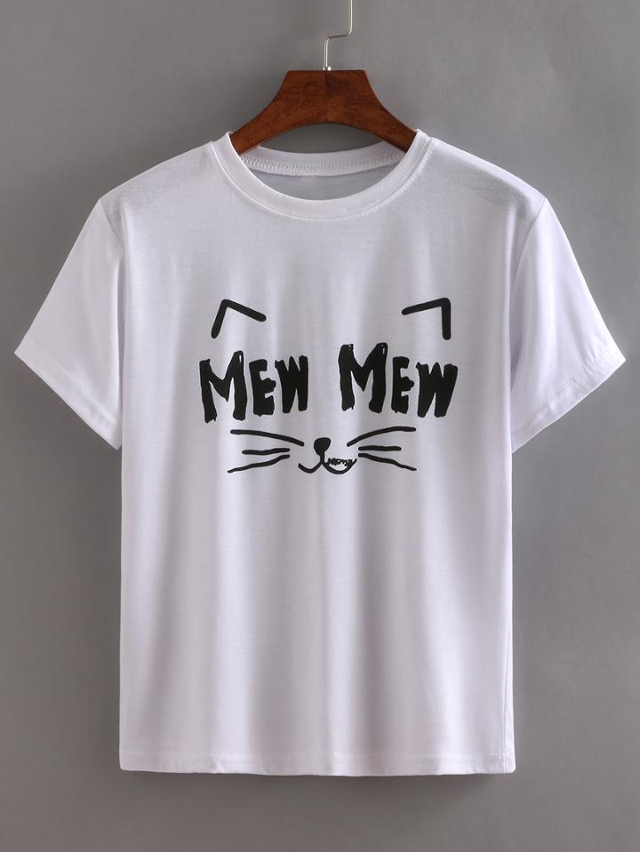 Shein White Smiley Cat Print T-shirt