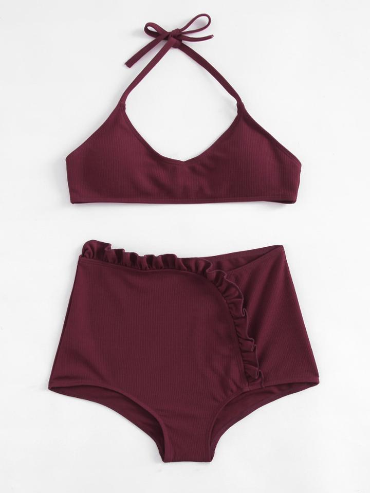 Shein Ribbed Frill Trim Self Tie Bikini Set