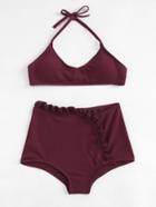 Shein Ribbed Frill Trim Self Tie Bikini Set