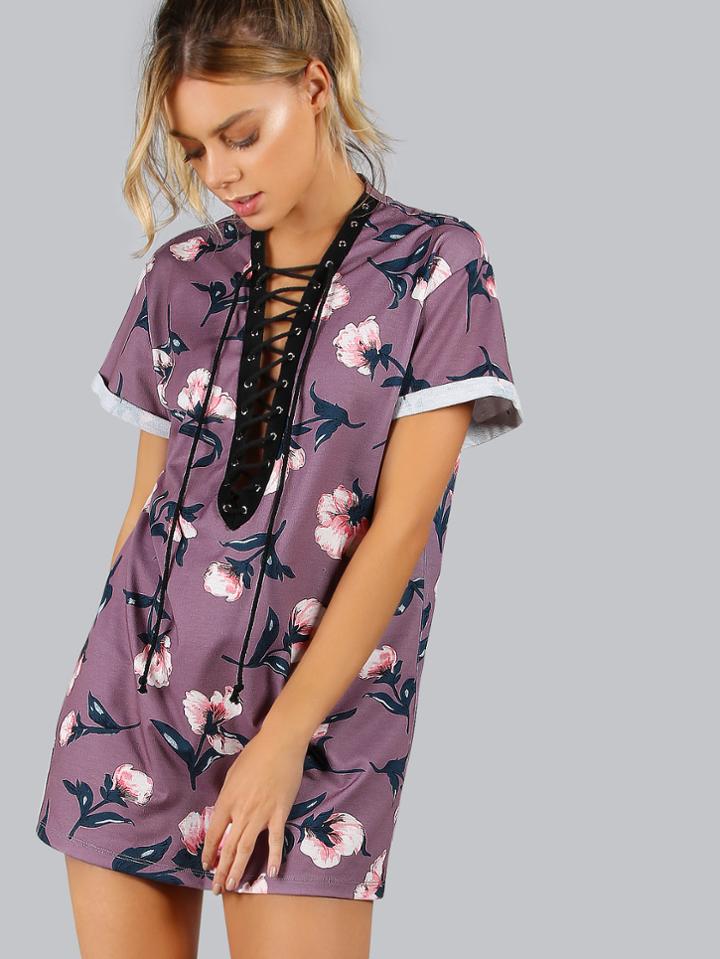 Shein Flower Print Lace Up Plunging Cuffed Sleeve Dress