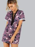 Shein Flower Print Lace Up Plunging Cuffed Sleeve Dress