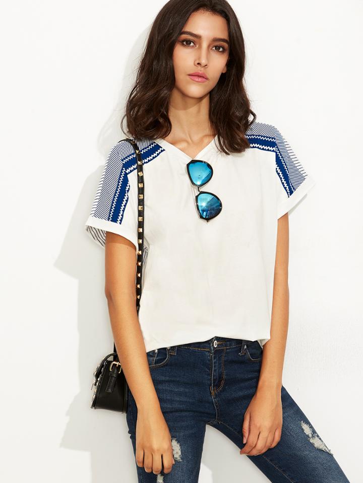 Shein White Striped Back Short Sleeve T-shirt