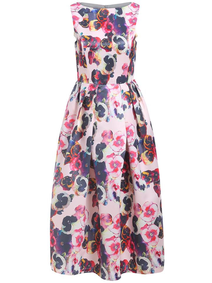 Shein Boatneck Lenght Sleeveless Florals Damask Flare Dress