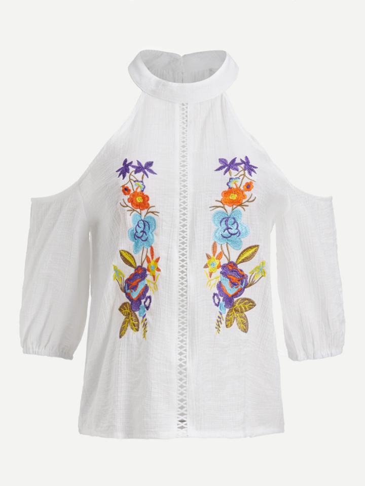 Shein Open Shoulder Symmetric Embroidery Hollow Panel Blouse