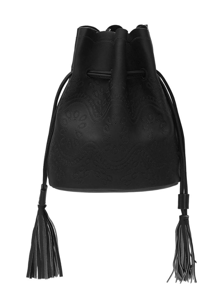 Shein Embroidery Tassel Drawstring Bucket Bag - Black