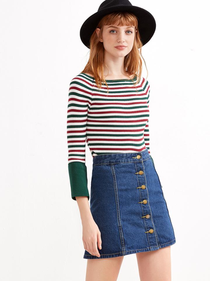 Shein Green Striped Contrast Cuffs Sweater