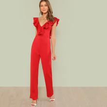 Shein Ruffle Trim Plunge Neck Jumpsuit