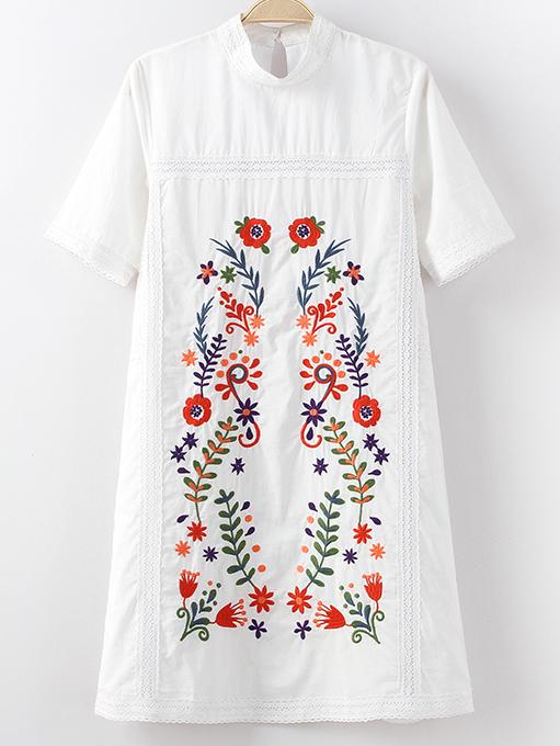 Shein White Mock Neck Short Sleeve Keyhole Back Embroidery Dress