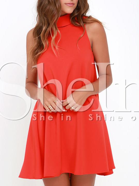 Shein Red Melon Sleeveless Lapel Zipper Dress