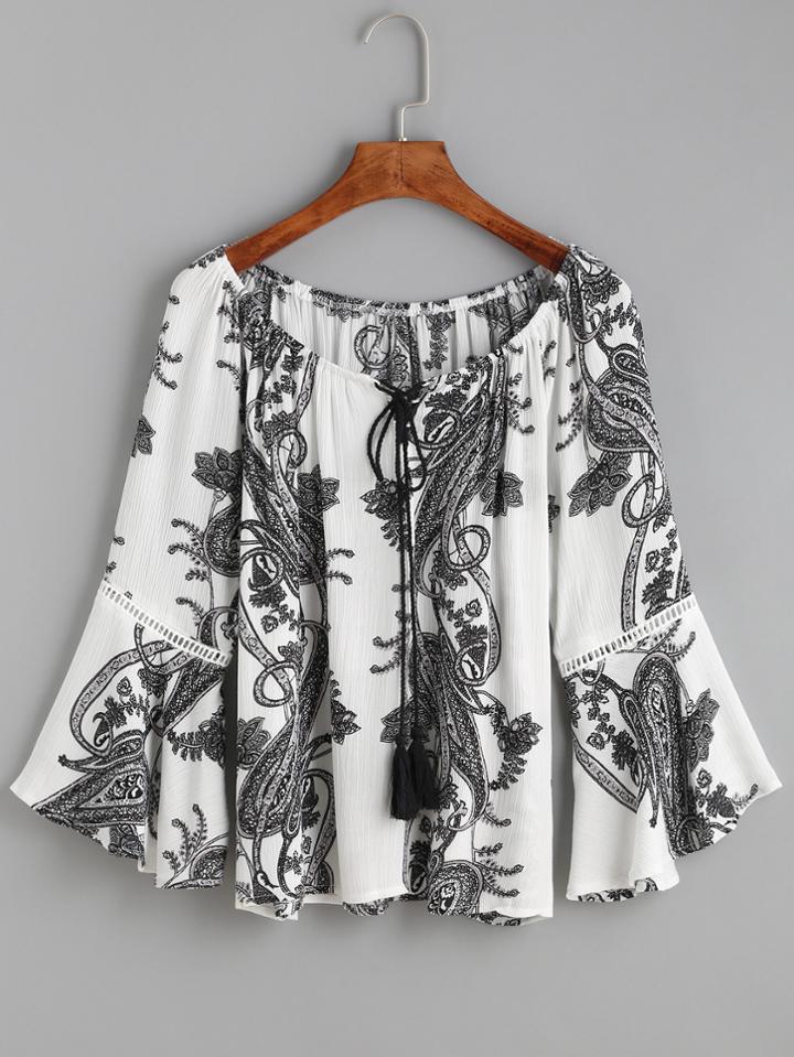 Shein White Paisley Print Tie Neck Bell Sleeve Blouse
