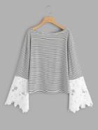 Shein Contrast Scallop Lace Sleeve Striped Tee