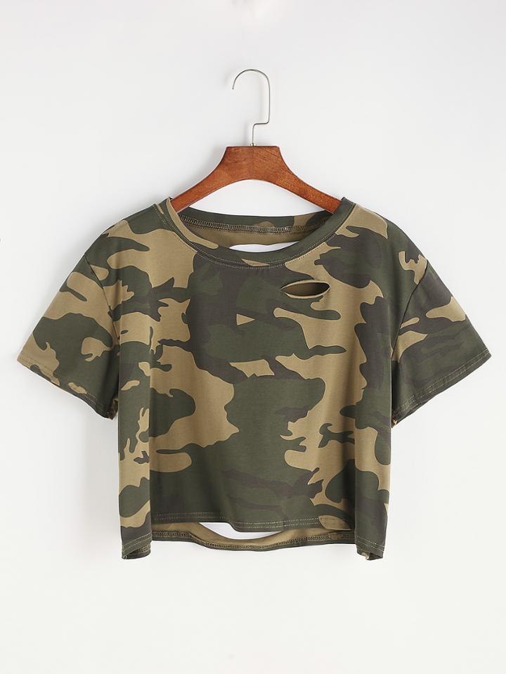 Shein Camo Print Ripped Tee