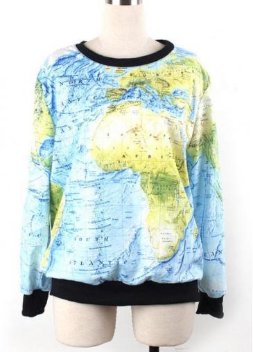 Rosewe Chic Round Neck Color Matching World Map Print Sweats