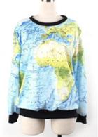 Rosewe Chic Round Neck Color Matching World Map Print Sweats