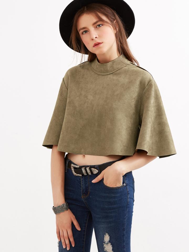 Shein Army Green Mock Neck Zipper Back Crop Cape Top