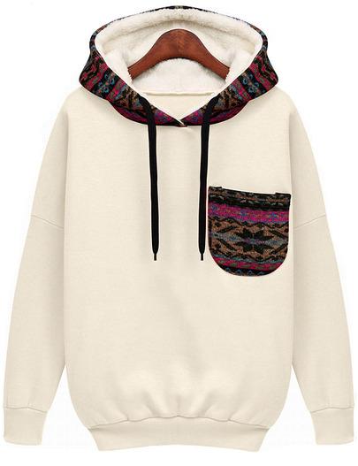 Shein White Hooded Long Sleeve Pocket Sweatshirt