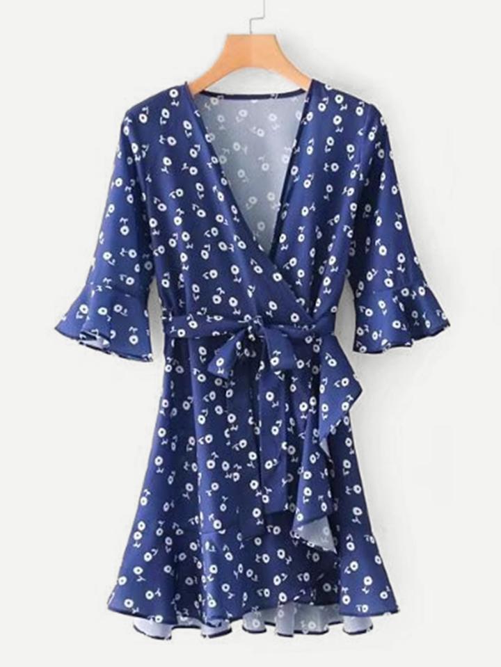 Shein Self Tie Calico Print Wrap Dress