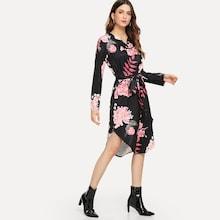 Shein Belted Floral Print Curved Hem Dress