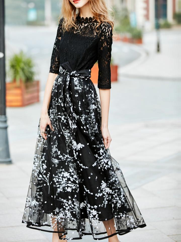 Shein Black Tie-waist Gazue Print Lace Dress