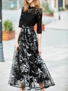 Shein Black Tie-waist Gazue Print Lace Dress