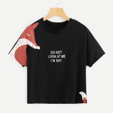 Shein Fox And Letter Print Tee