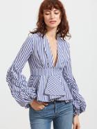 Shein Blue Striped Deep V Neck Lantern Sleeve Box Pleated Peplum Top