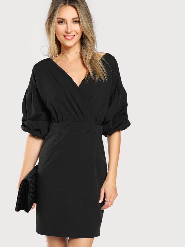Shein Surplice Neckline Gathered Lantern Sleeve Dress