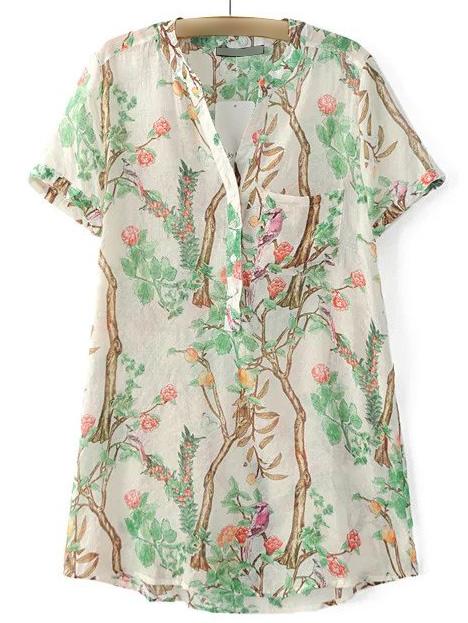 Shein White Short Sleeve Pocket Buttons Front Print Dress