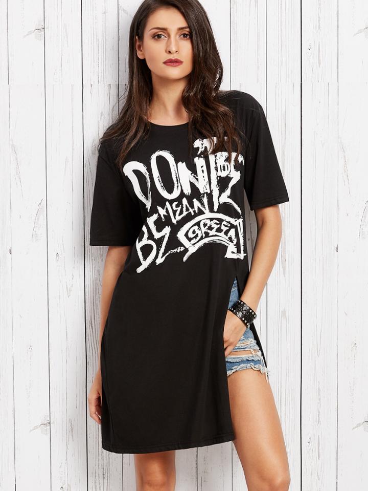 Shein Black Letter Print High Slit Long T-shirt