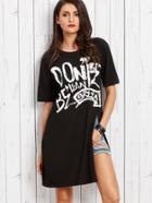 Shein Black Letter Print High Slit Long T-shirt