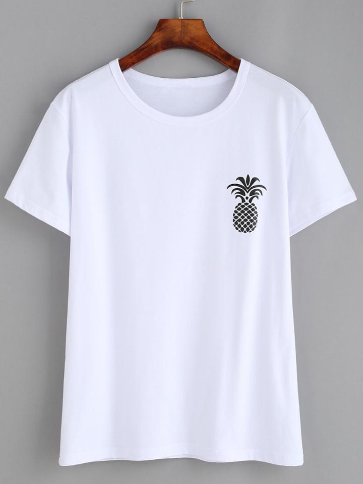 Shein White Pineapple Print Drop Shoulder T-shirt