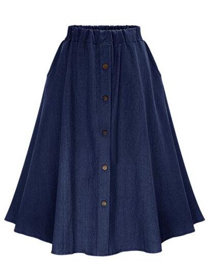 Shein Navy Elastic Waist Denim Flare Skirt With Buttons