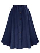 Shein Navy Elastic Waist Denim Flare Skirt With Buttons