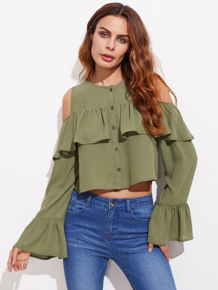 Shein Open Shoulder Flute Sleeve Flounce Blouse
