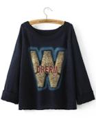 Shein Navy Letter Print Raglan Sleeve Sweater