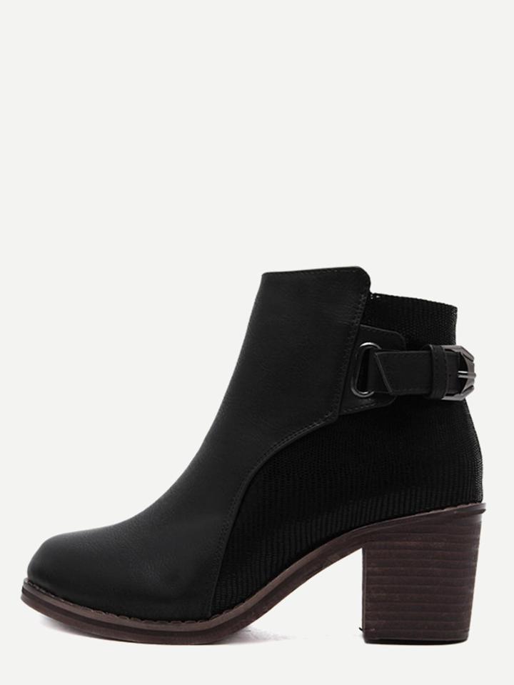 Shein Black Pu Snakeskin Trim Distressed Cork Heel Short Boots