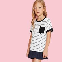 Shein Girls Single Pocket Striped Ringer Tee