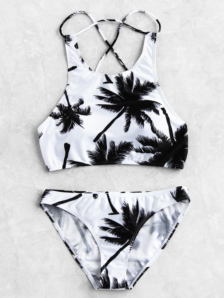 Shein Palm Tree Print Cross Back Bikini Set