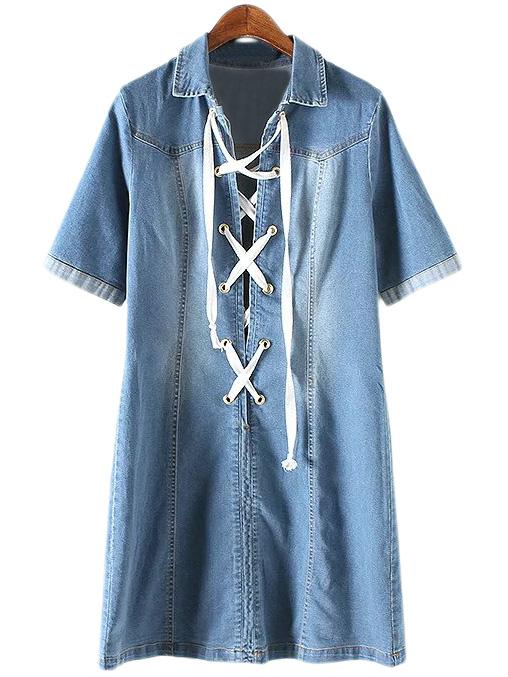 Shein Blue Short Sleeve Lace Up Front Lapel Denim Dress