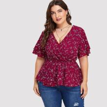 Shein Plus Calico Print Surplice Peplum Top