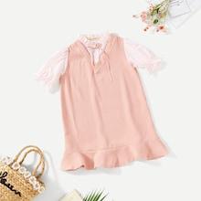 Shein Girls Pinstripe Ruffle Trim Bow Detail 2 In 1 Dress