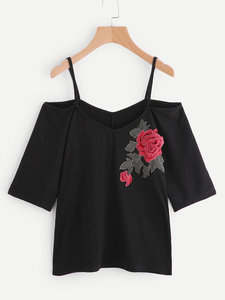 Shein Embroidered Applique Cold Shoulder Tee
