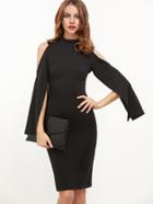 Shein Black Open Shoulder Slit Sleeve Pencil Dress