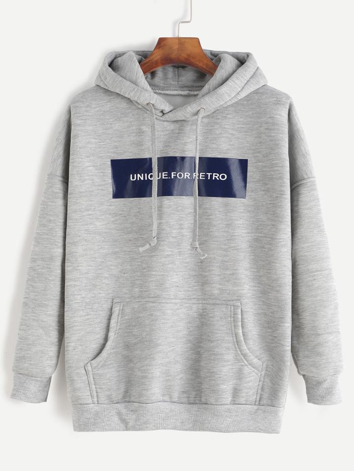 Shein Grey Letter Print Drop Shoulder Hooded Sweatshirt
