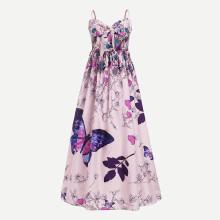 Shein Butterfly Print Knot Front Pleated Cami Dress