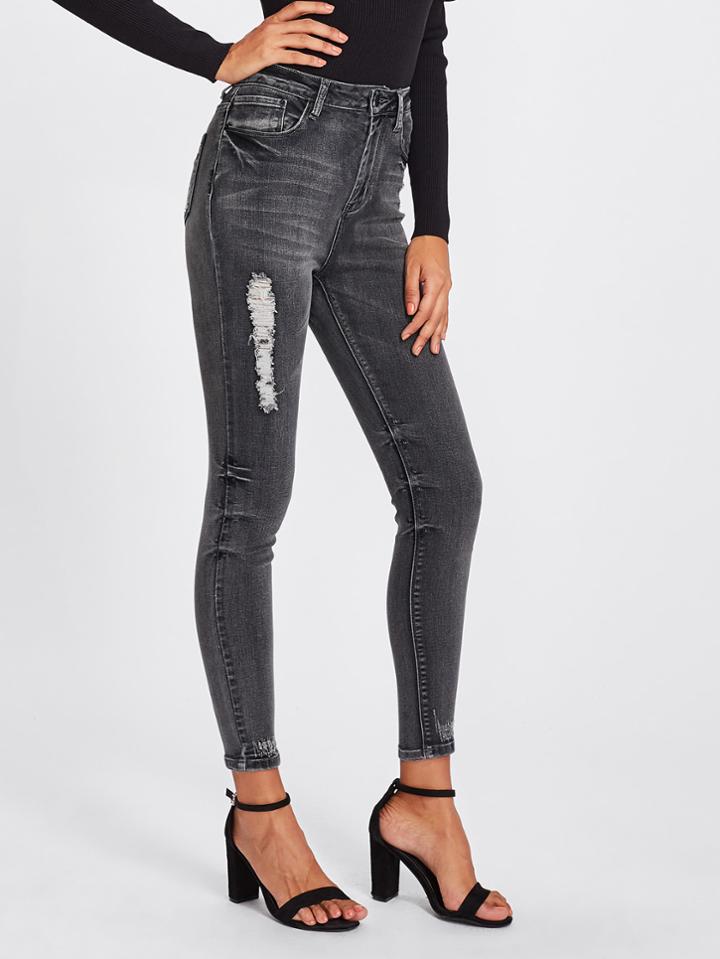 Shein Faded Wash Shredded Jeans