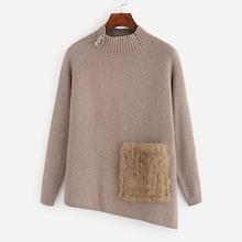 Shein Faux Fur Pocket Patched Button Detail Sweater