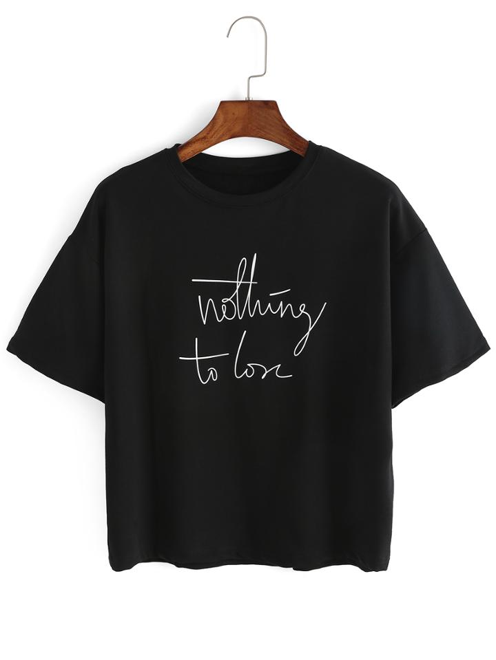 Shein Slogan Print Drop Shoulder Black T-shirt