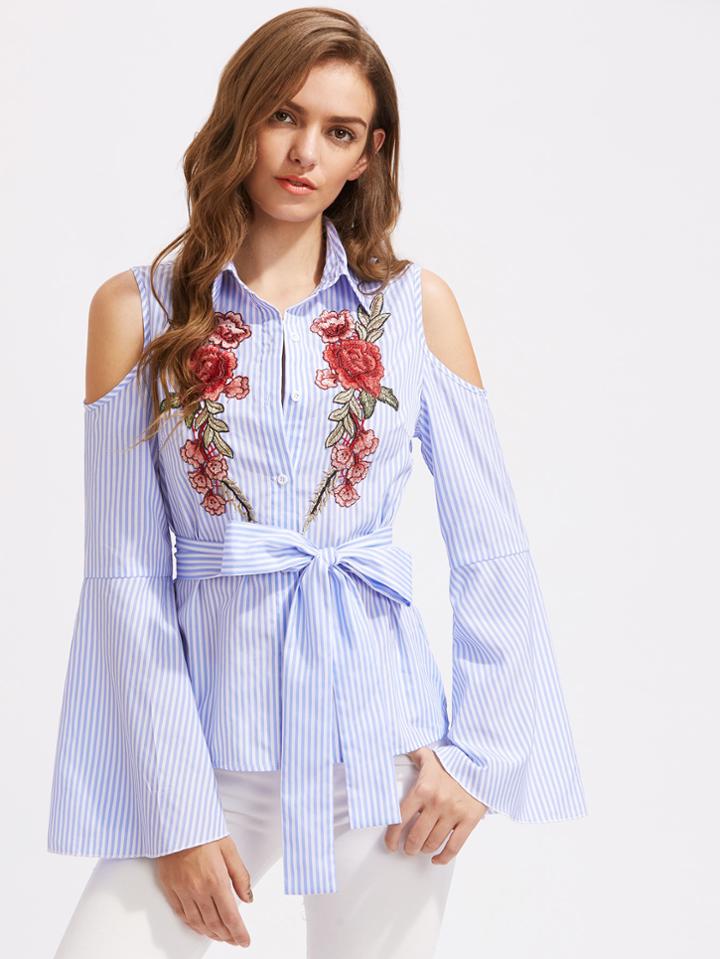 Shein Symmetrical Embroidery Bell Sleeve Pinstripe Self Tie Blouse