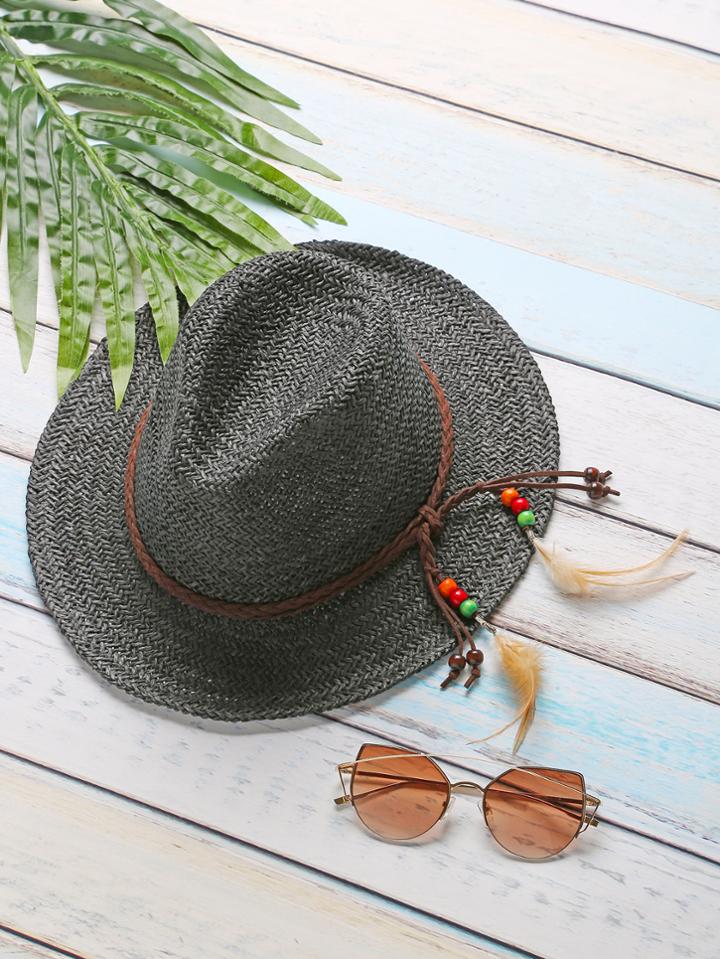Shein Black Feather Detail Straw Hat